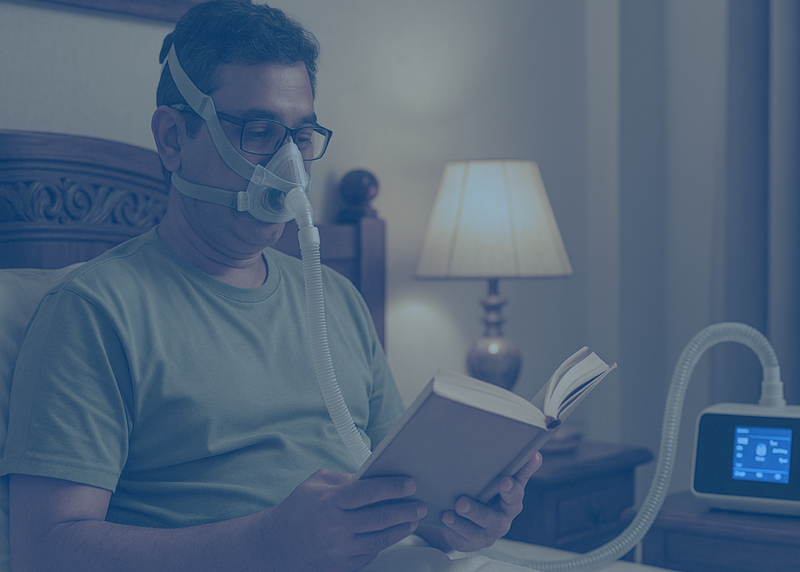 Man using an oxygen mask and reading a book in a bedroom with a CPAP machine.
